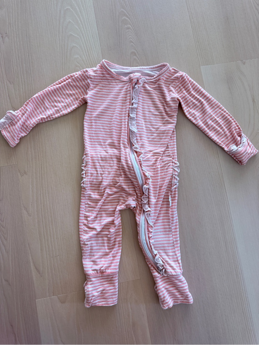Gigi & Max Pink Stripe Ruffle Baby One-Piece Bamboo Pajamas